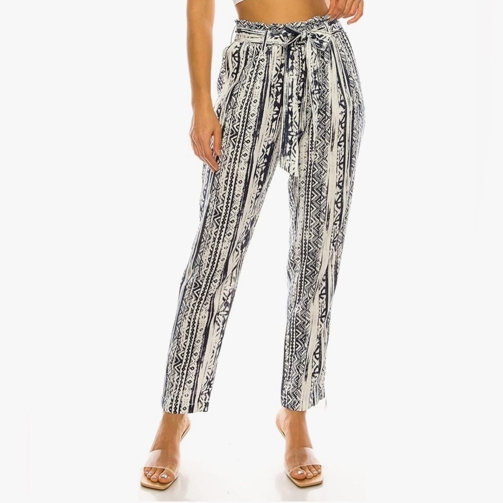 Cali 1850 Women's Linen Blend Paperbag Pants M High-Waisted Tie Belt Pockets